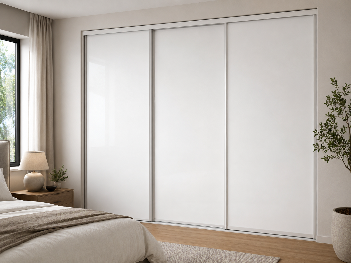 A bedroom with a bed and a closet with sliding glass doors.