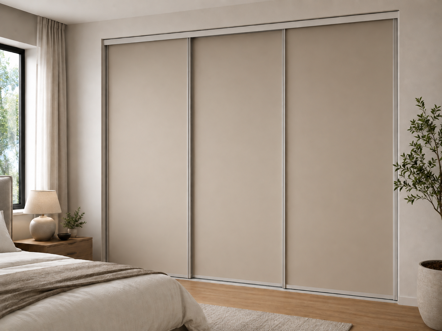 A bedroom with sliding glass doors and a couch.