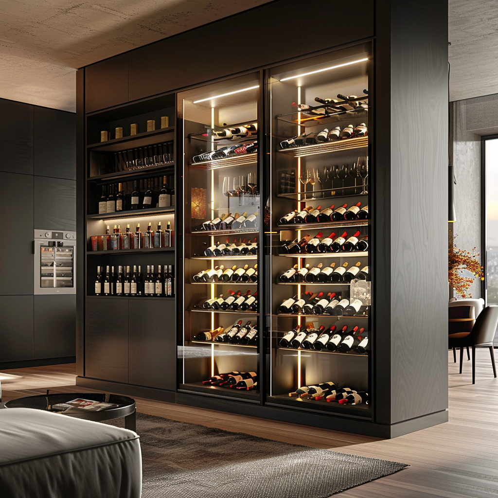 A wine cellar filled with lots of bottles of wine in a living room.