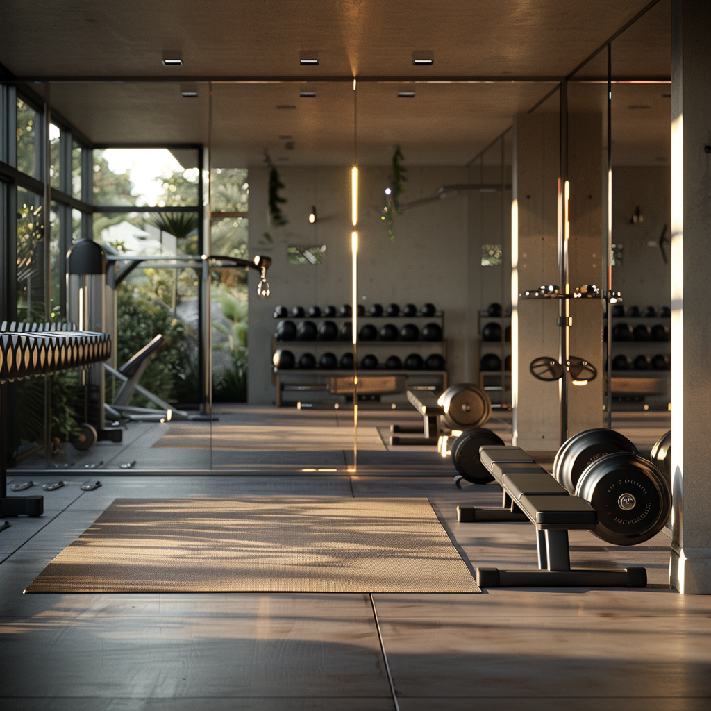 A gym with a lot of mirrors and dumbbells