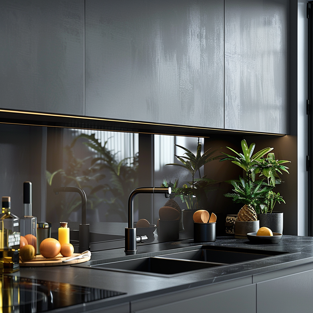 A kitchen with black cabinets and a sink
