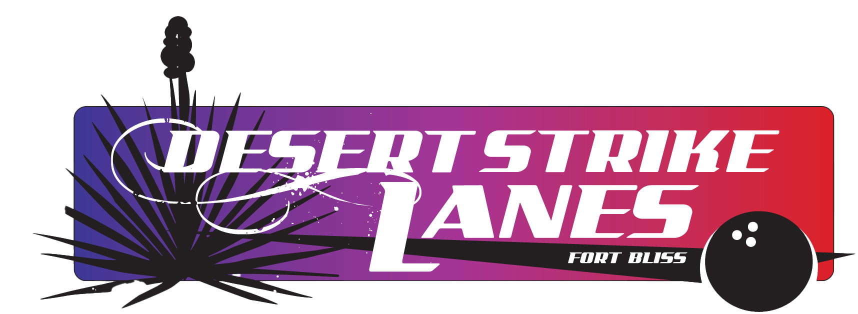 Desert Strike Lanes logo in white and purple with a bowling ball and pins silhouette