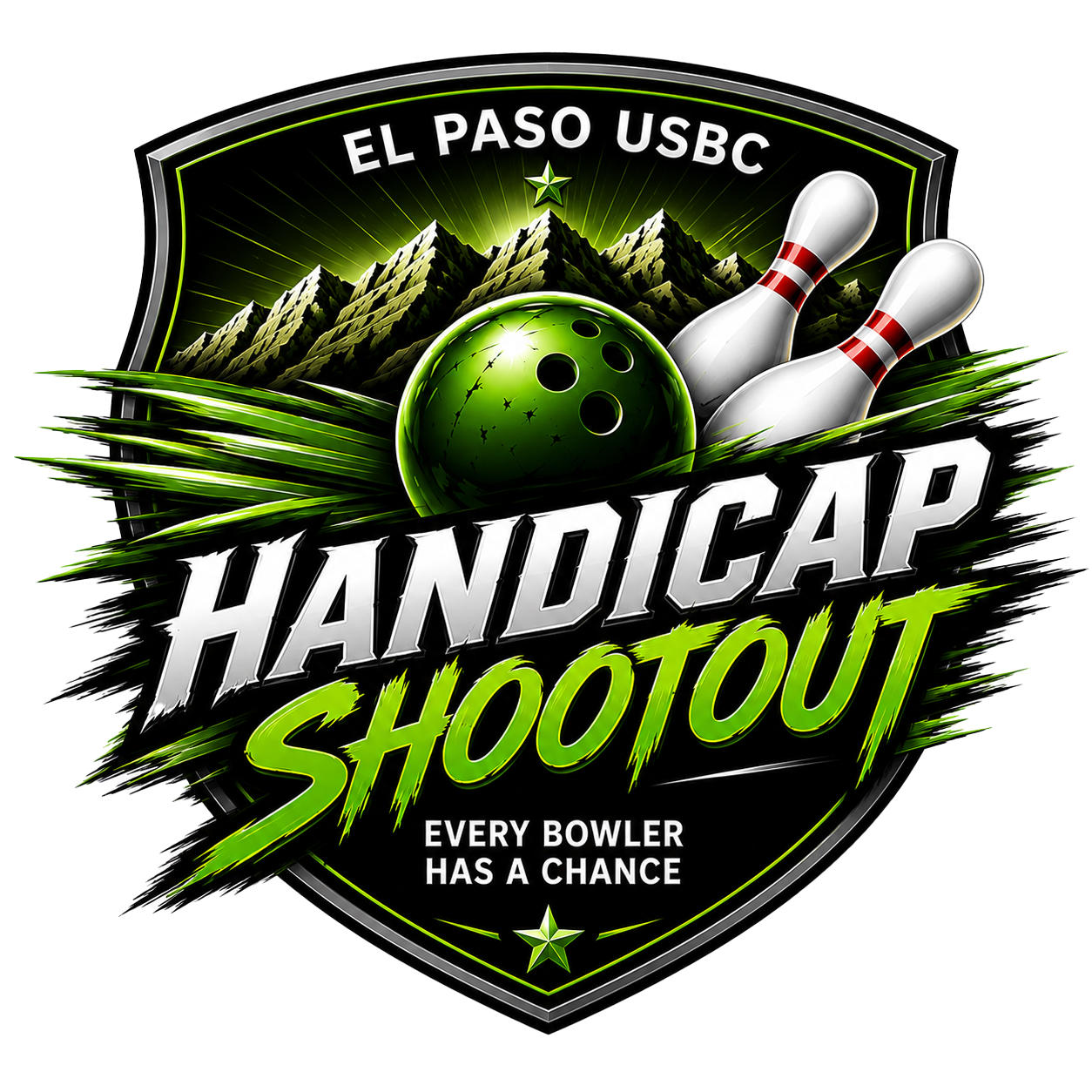 El Paso USBC Handicap Shootout bowling logo with pins, green bowling ball, and mountains