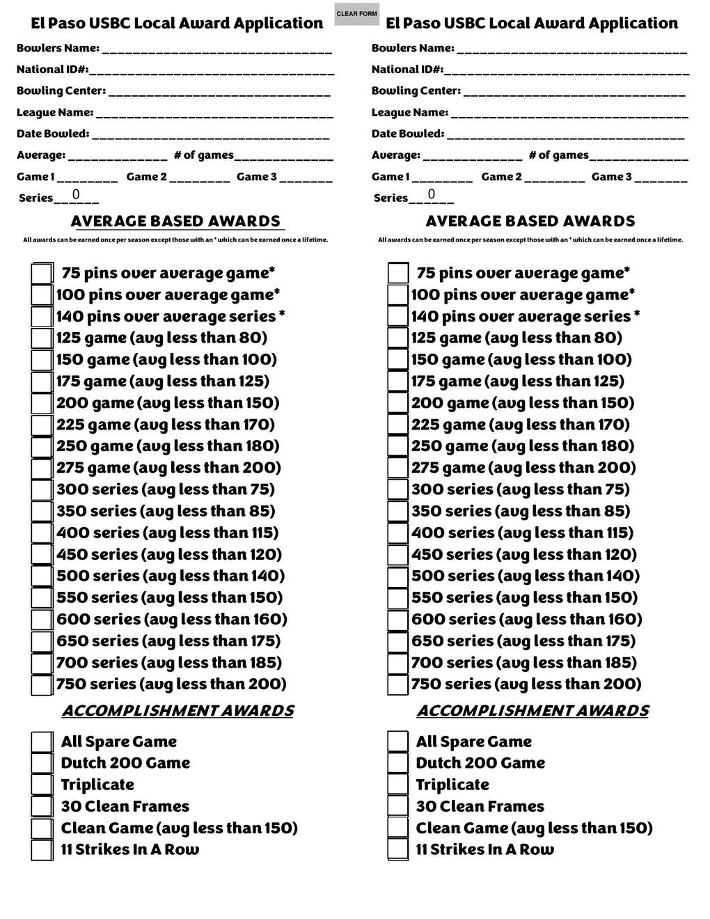 Side-by-side USBCL annual award application forms with checkboxes and earnings thresholds.