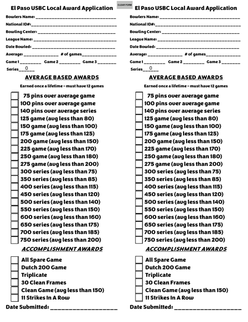 Side-by-side USBCL annual award application forms with checkboxes and earnings thresholds.