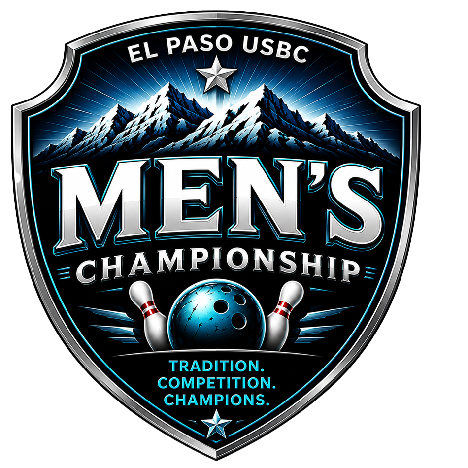 El Paso USBC Men’s Championship bowling emblem with mountain backdrop, bowling ball, pins, and stars.