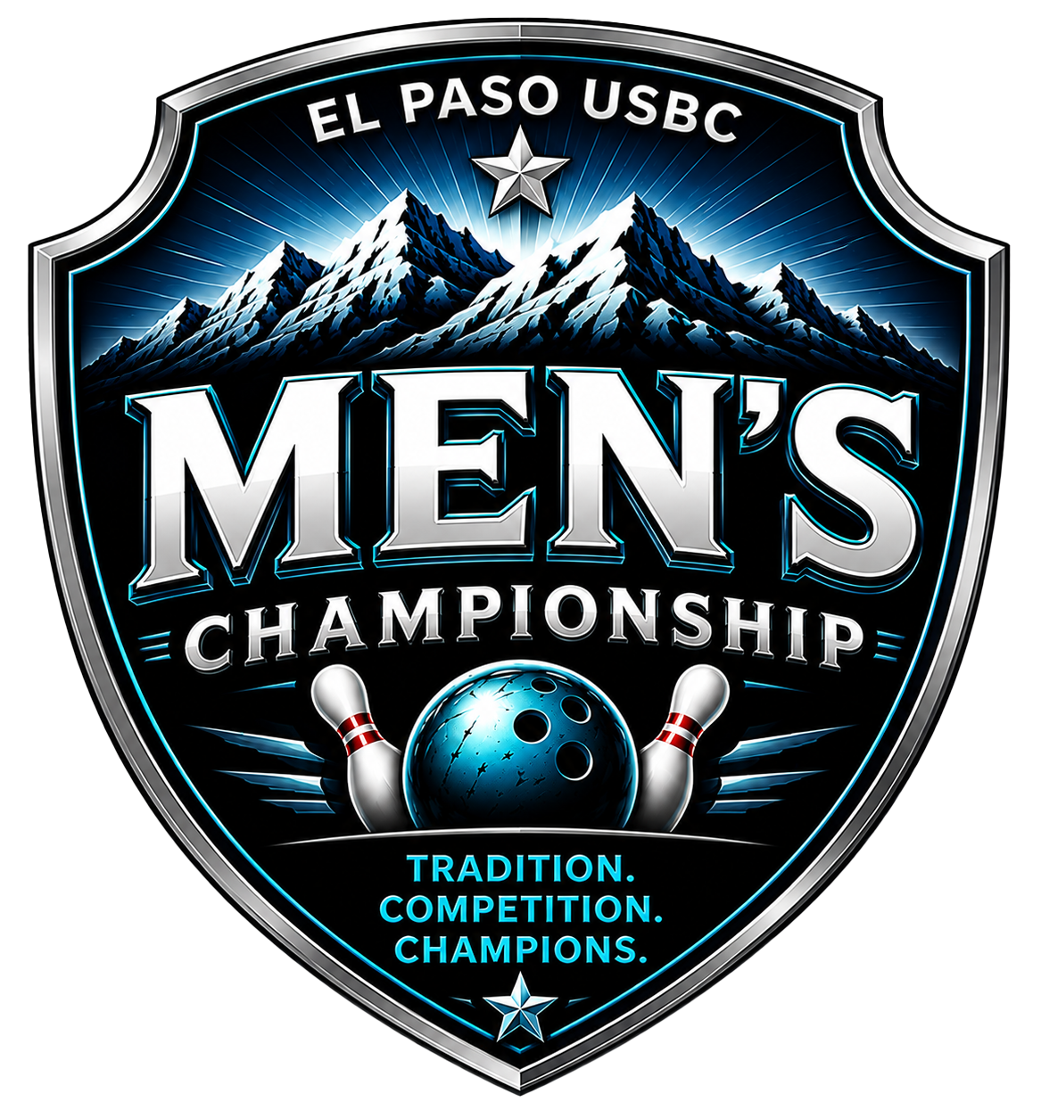 EL PASO USBC Men’s Championship bowling logo with pins, ball, mountains, and blue shield emblem