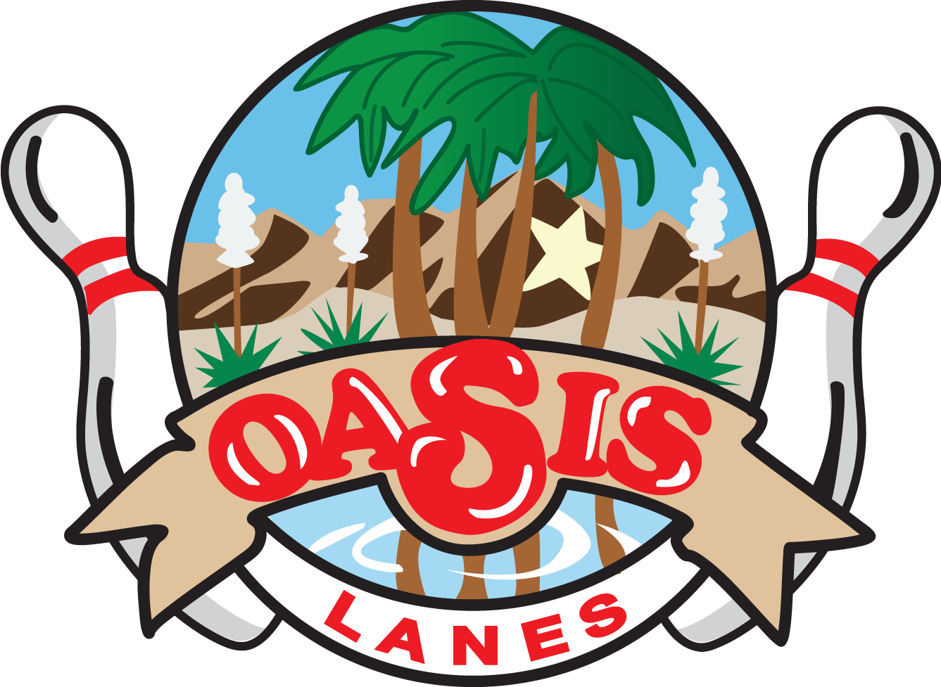 Oasis Lanes bowling logo with palm trees, desert scene, and bowling pins
