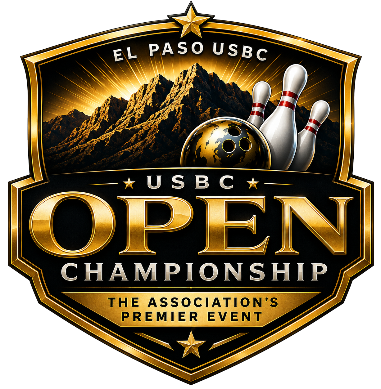 El Paso USBC Open Championship logo with gold shield, mountains, and bowling pins