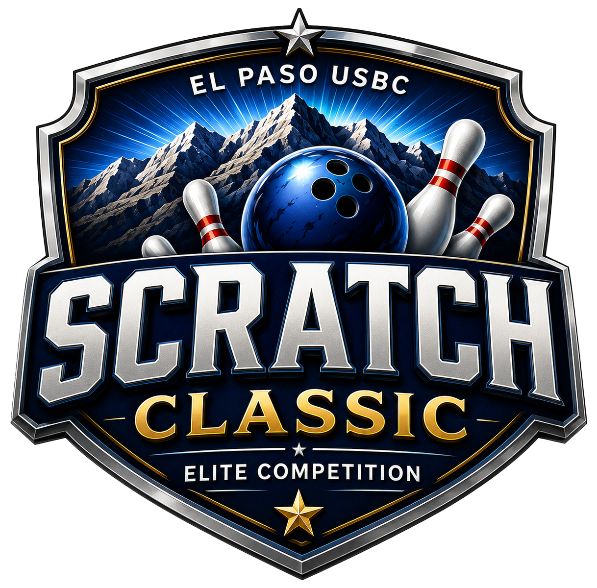 El Paso USB Scratch Classic bowling tournament logo with blue shield, bowling ball, pins, and mountains