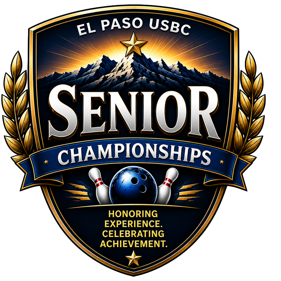El Paso USBC Senior Championships logo with mountain, stars, bowling ball, pins, and gold lettering