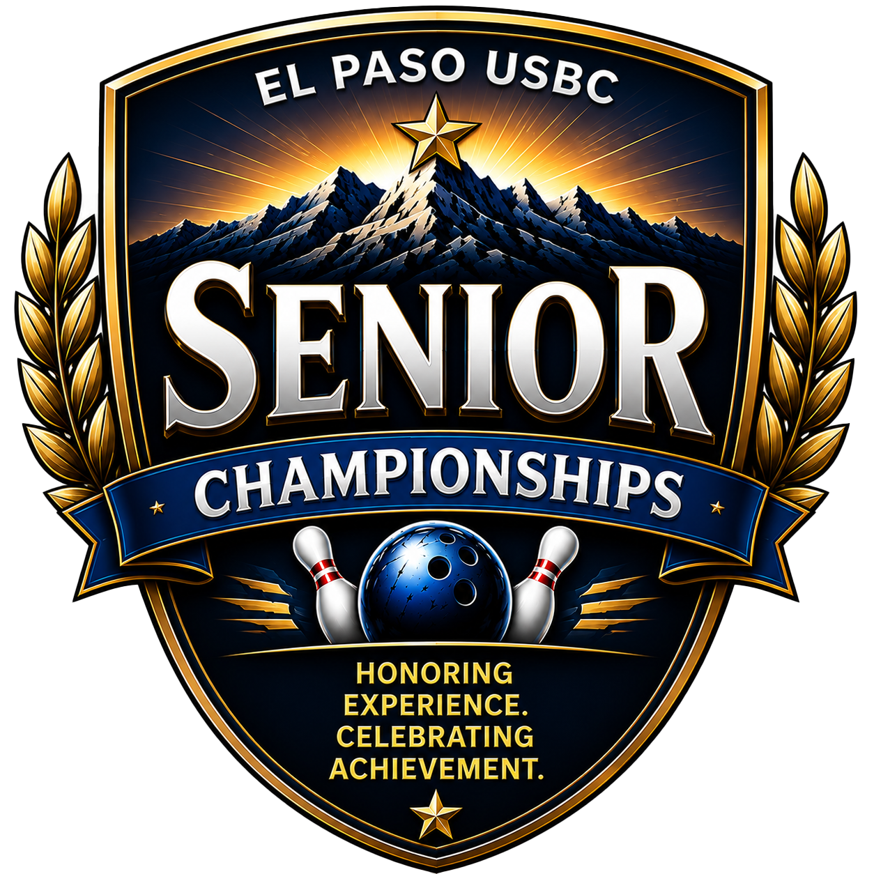 El Paso USBC Senior Championships logo with bowling ball, pins, and gold mountain crest