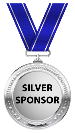 Silver sponsor medal with a blue ribbon on a white background