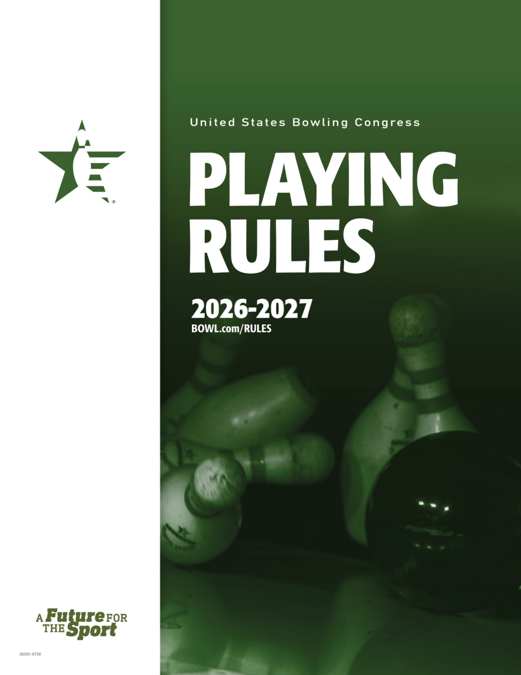 Cover of “Playing Rules 2026-2027” with green bowling pins and ball on a dark background
