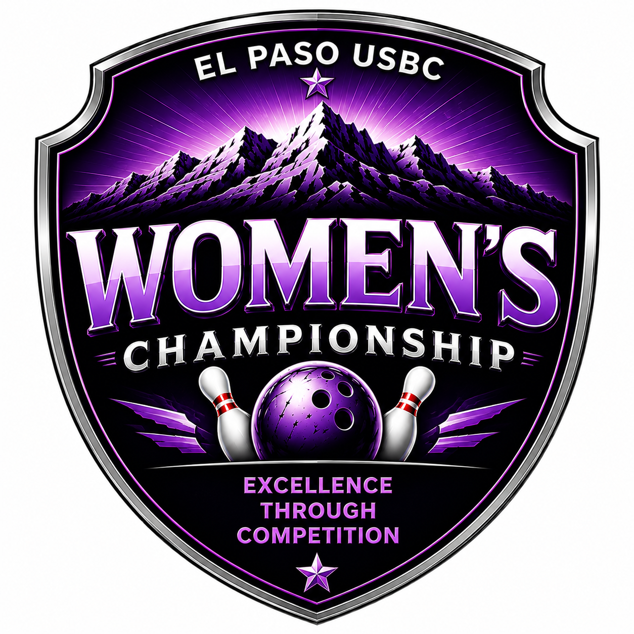 El Paso USBC Women’s Championship logo with purple mountains, bowling ball, pins, and “Excellence Through Competition” text