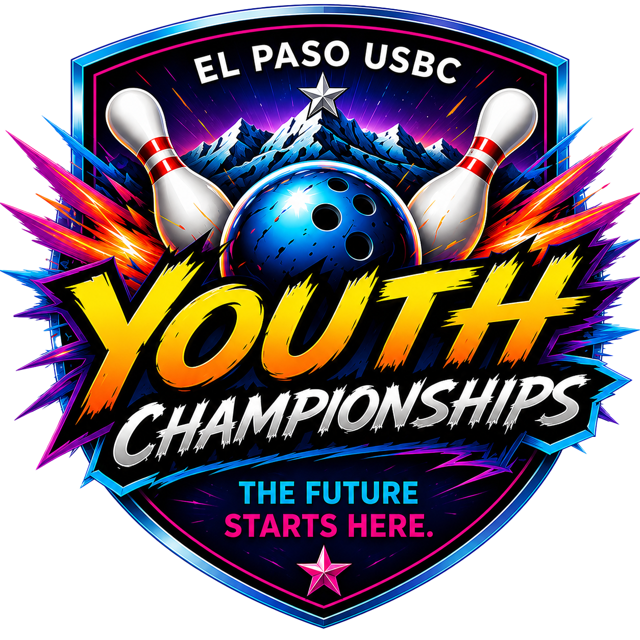 El Paso USBC Youth Championships logo with bowling ball and pins, neon blue and yellow text, “The Future Starts Here.”