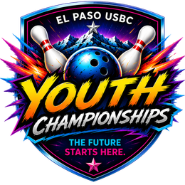 El Paso USBC Youth Championships logo with bowling ball and pins, neon blue and yellow text, “The Future Starts Here.”