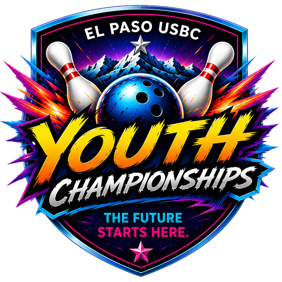 El Paso USBC Youth Championships logo with bowling pins, ball, and neon text on a dark shield