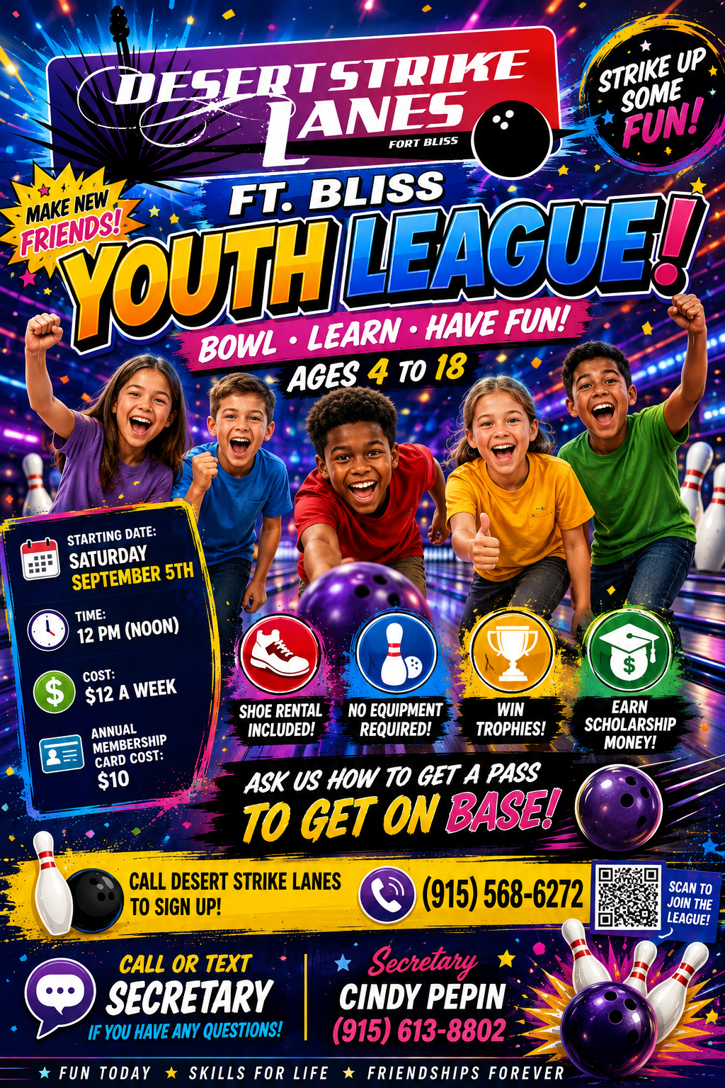 Youth league bowling flyer with colorful bowlers, “Desert Strike Lanes,” dates, times, and contact info
