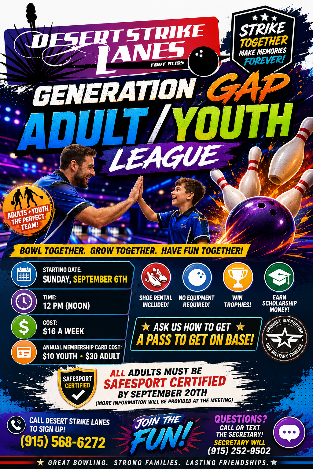 Desert Strike Lanes poster for Generation Gap Adult/Youth League with colorful bowling pins and balls on a starburst background