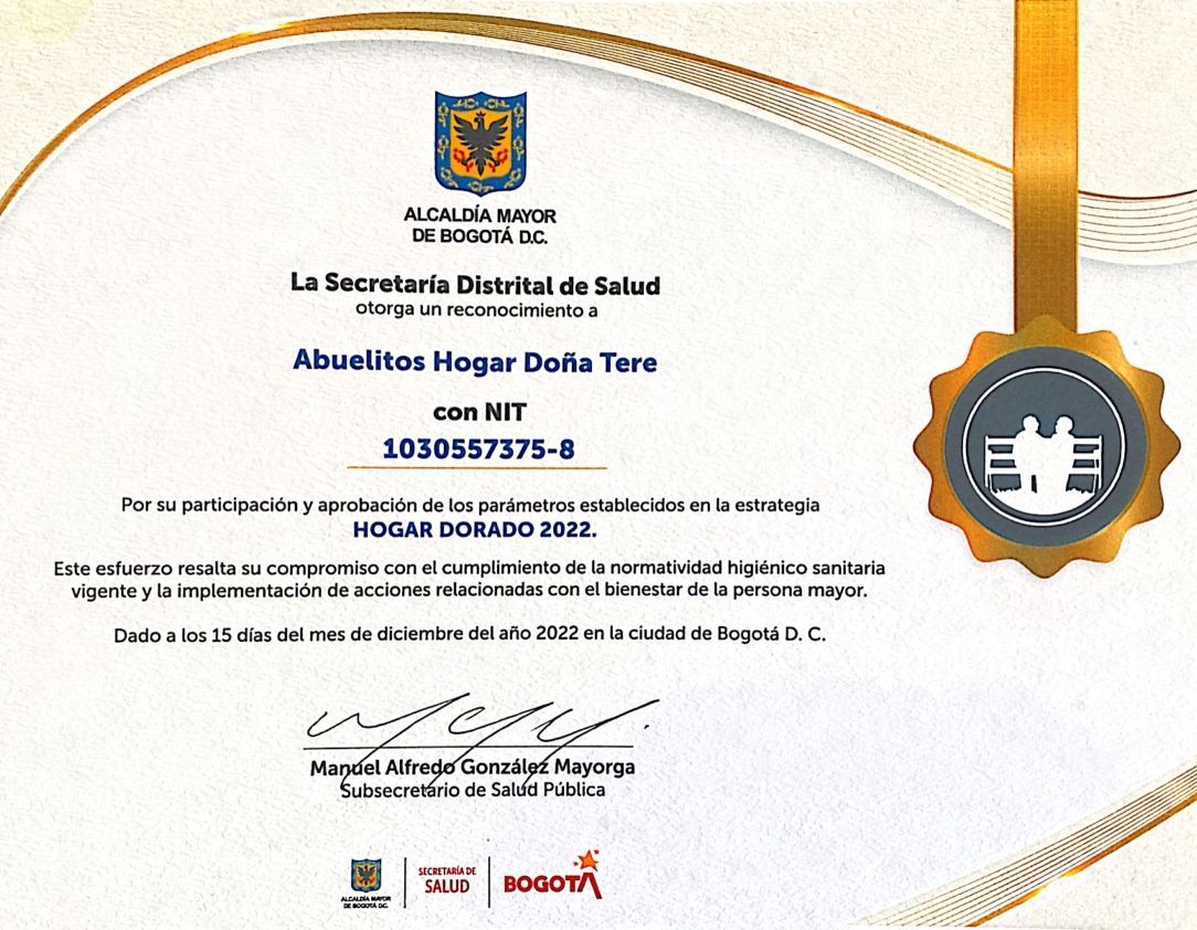 Certificate from Secretaría Distrital de Salud. Awarded to