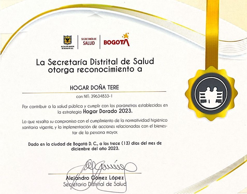 Certificado de reconocimiento de la secretaría de salud de Bogotá al Hogar Doña Tere.