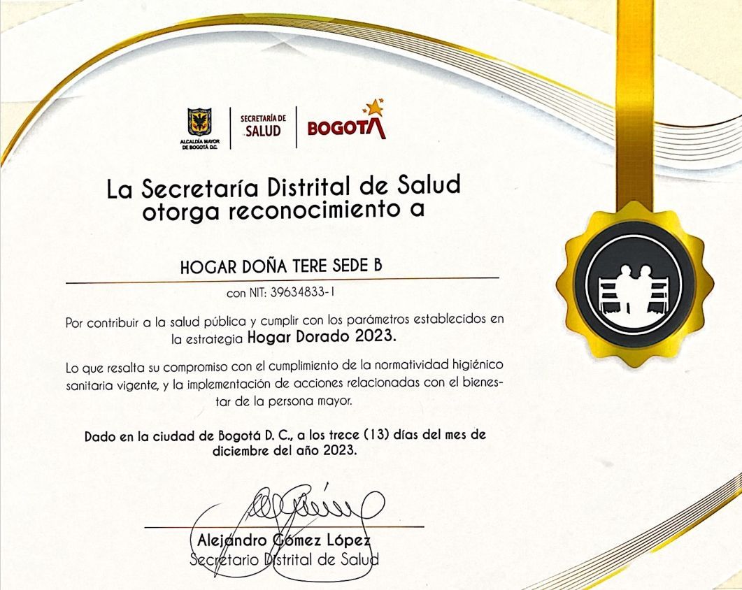 Certificado de reconocimiento de la Secretaría Distrital de Salud de Bogotá, con acentos dorados y sello.