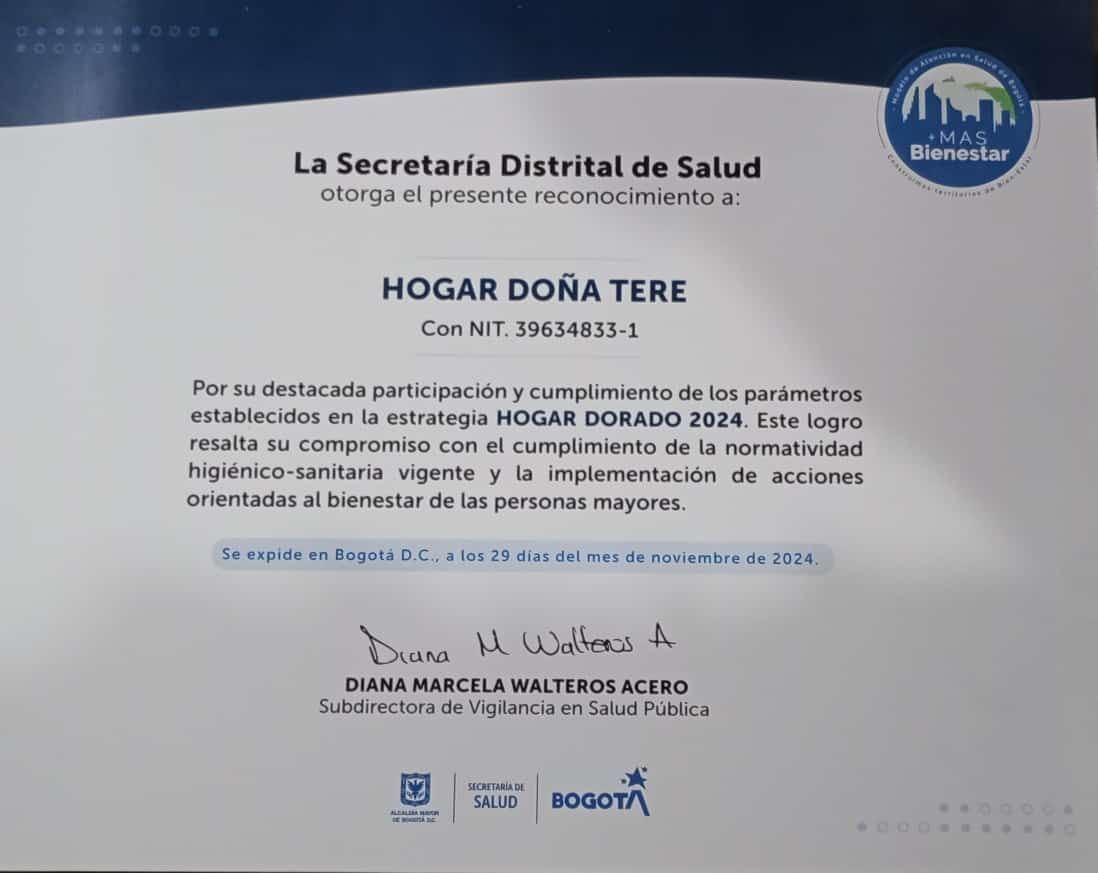 Certificate from La Secretaría Distrital de Salud, awarded to Hogar Doña Tere for participation
