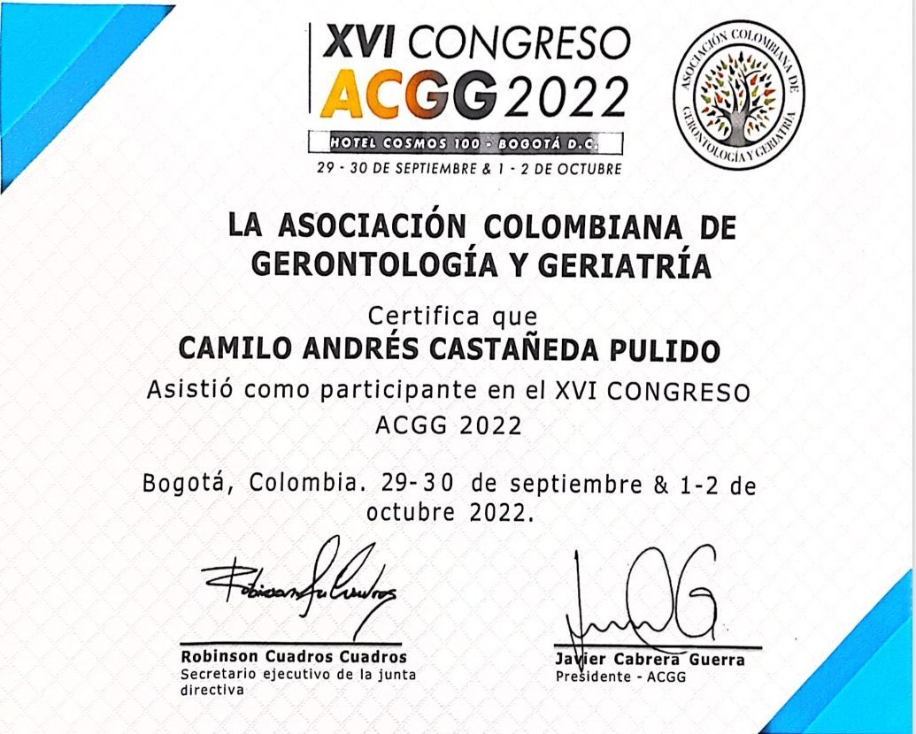 Certificate for Camilo Andrés Castañeda Pulido, participant at the XVI ACGG Congress 2022 in Bogotá, Colombia.