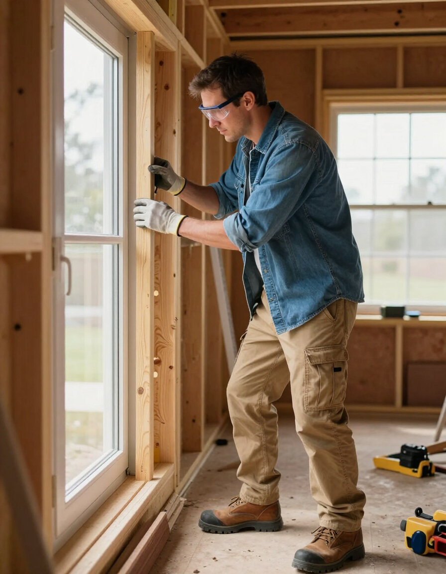 Worker installing a window frame inside a framed house under construction