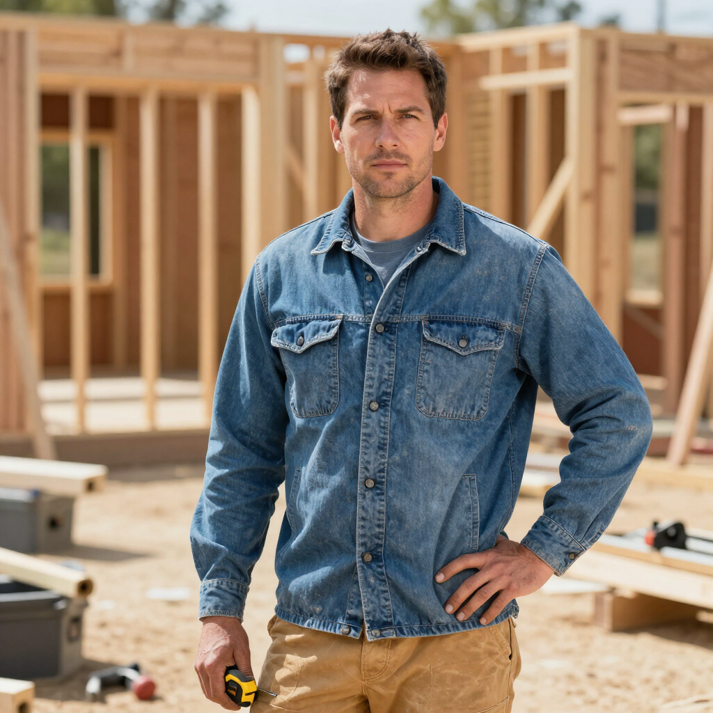Construction worker in denim shirt and tan pants standing at a house framing site, holding a tape measure.