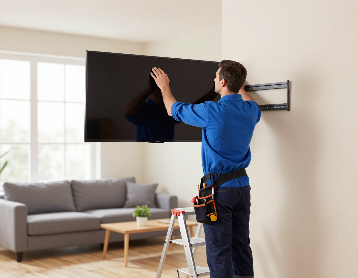 Technician mounting a flat-screen TV on a wall in a bright living room