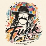 Retro logo with mustached figure in hat, colorful disco ball background, and text “Funk Can Fix It”