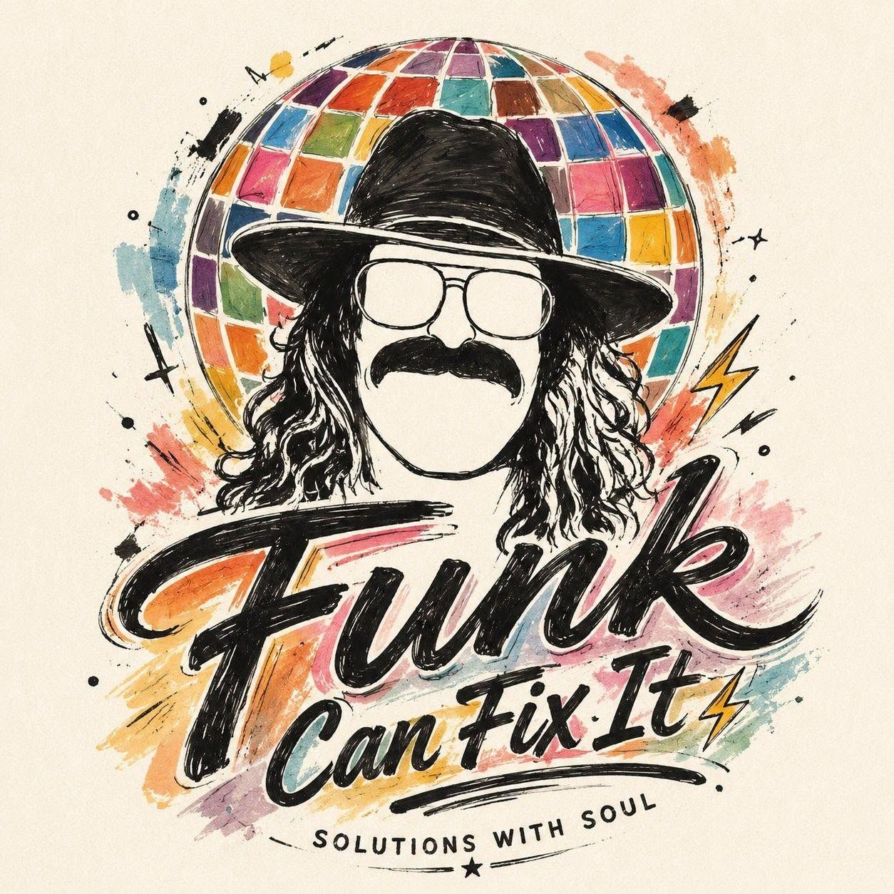 Retro logo with mustached figure in hat, colorful disco ball background, and text “Funk Can Fix It”