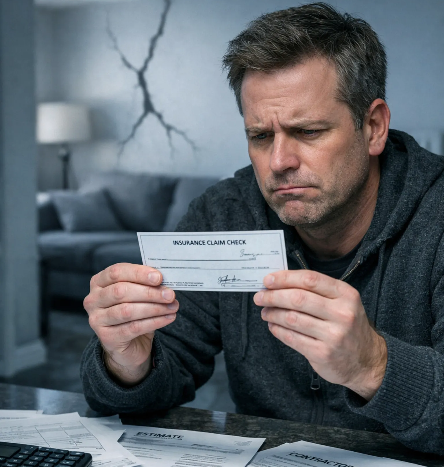man staring with disappointment at an insurance claim check