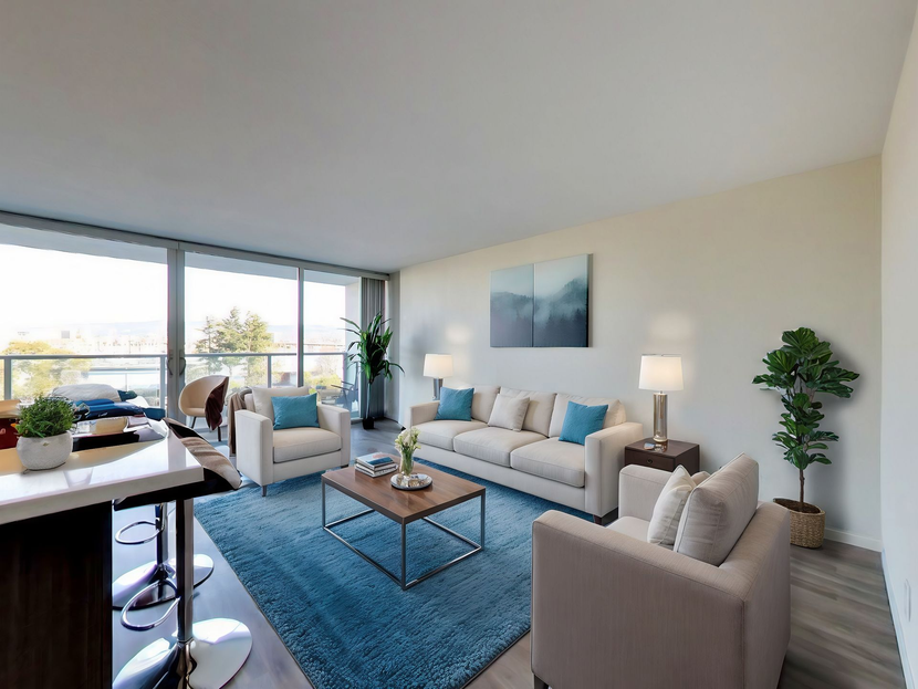 living room photo looking out the view panomar staged apartment