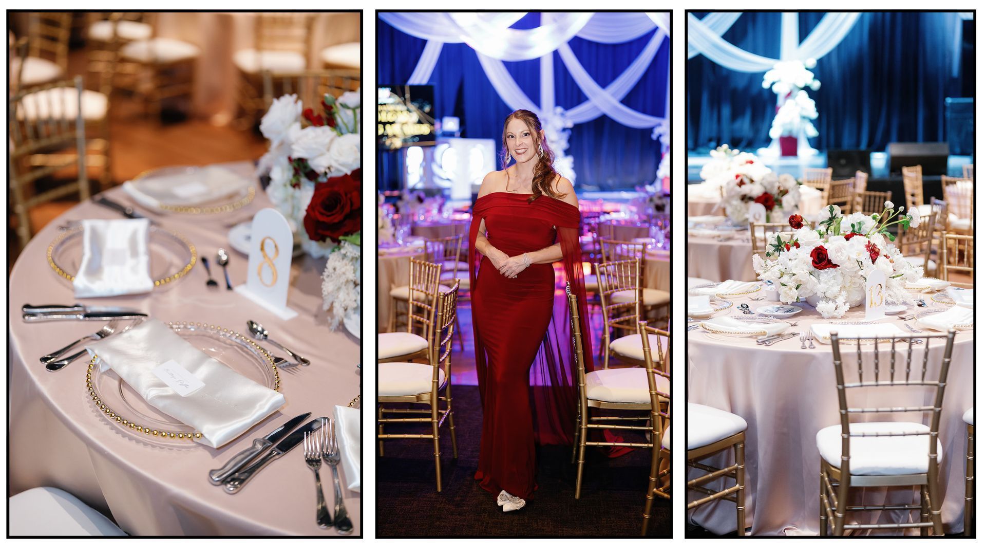 A woman in a red dress is standing in front of a table set for a wedding reception.
