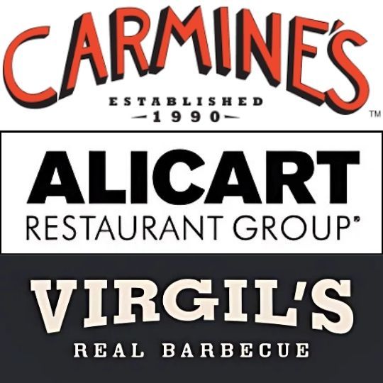 Logo for Alicart Restaurant Group containing it's logo as well as the restaurants Carmines and Virgil's Real BBQ