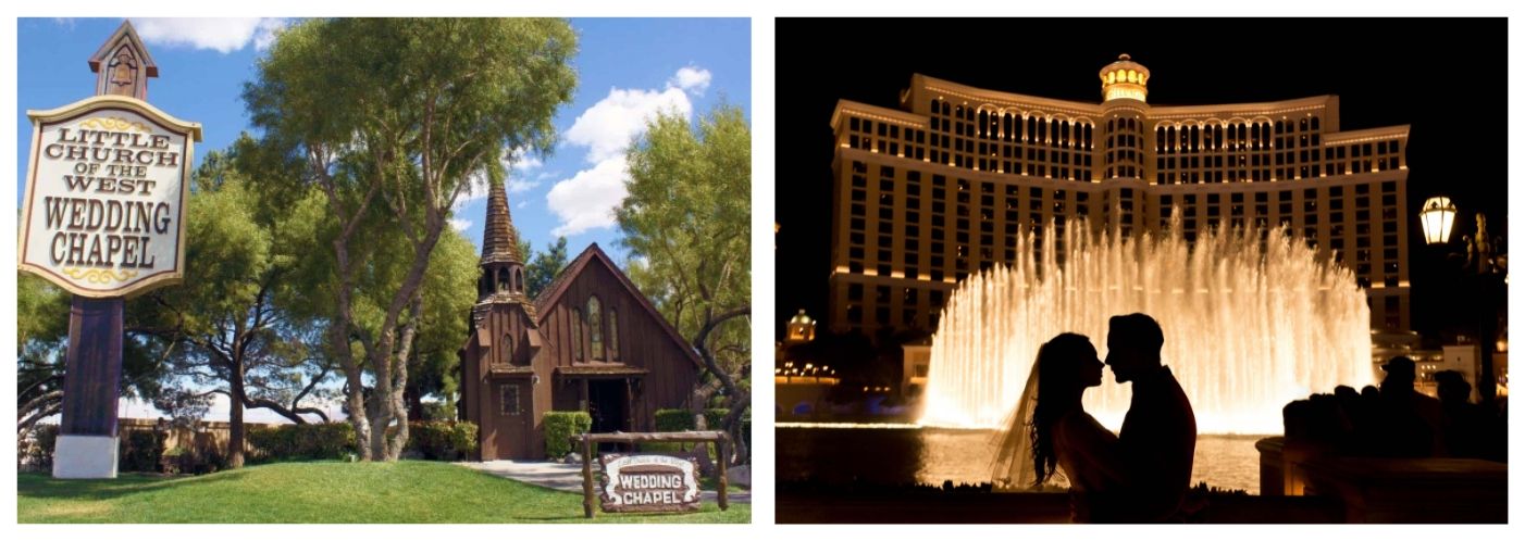 A Brown Wedding Chapel between 2 trees, and a couple kissing as a silhouette in front of fountains
