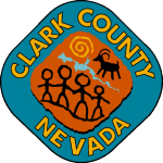 A logo for clark county nevada with stick figures and a goat