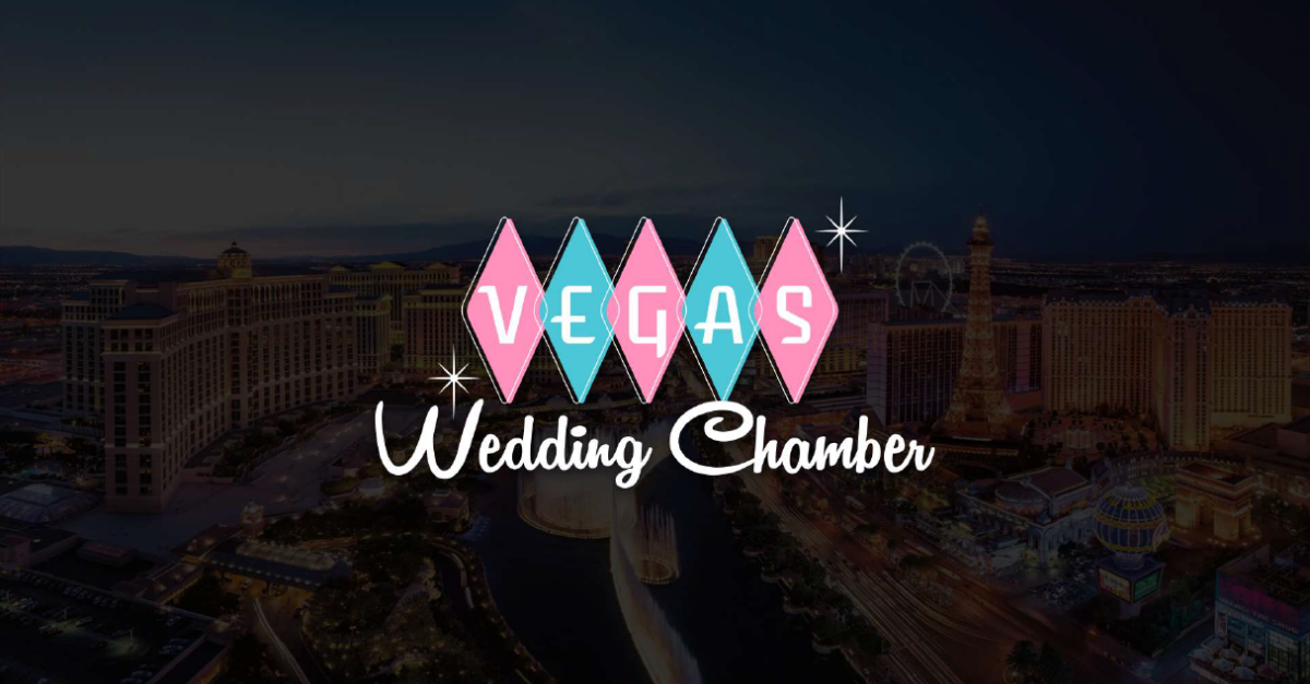 A logo for the vegas wedding chamber with a city in the background.