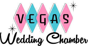 The logo for the vegas wedding chamber is pink and blue.