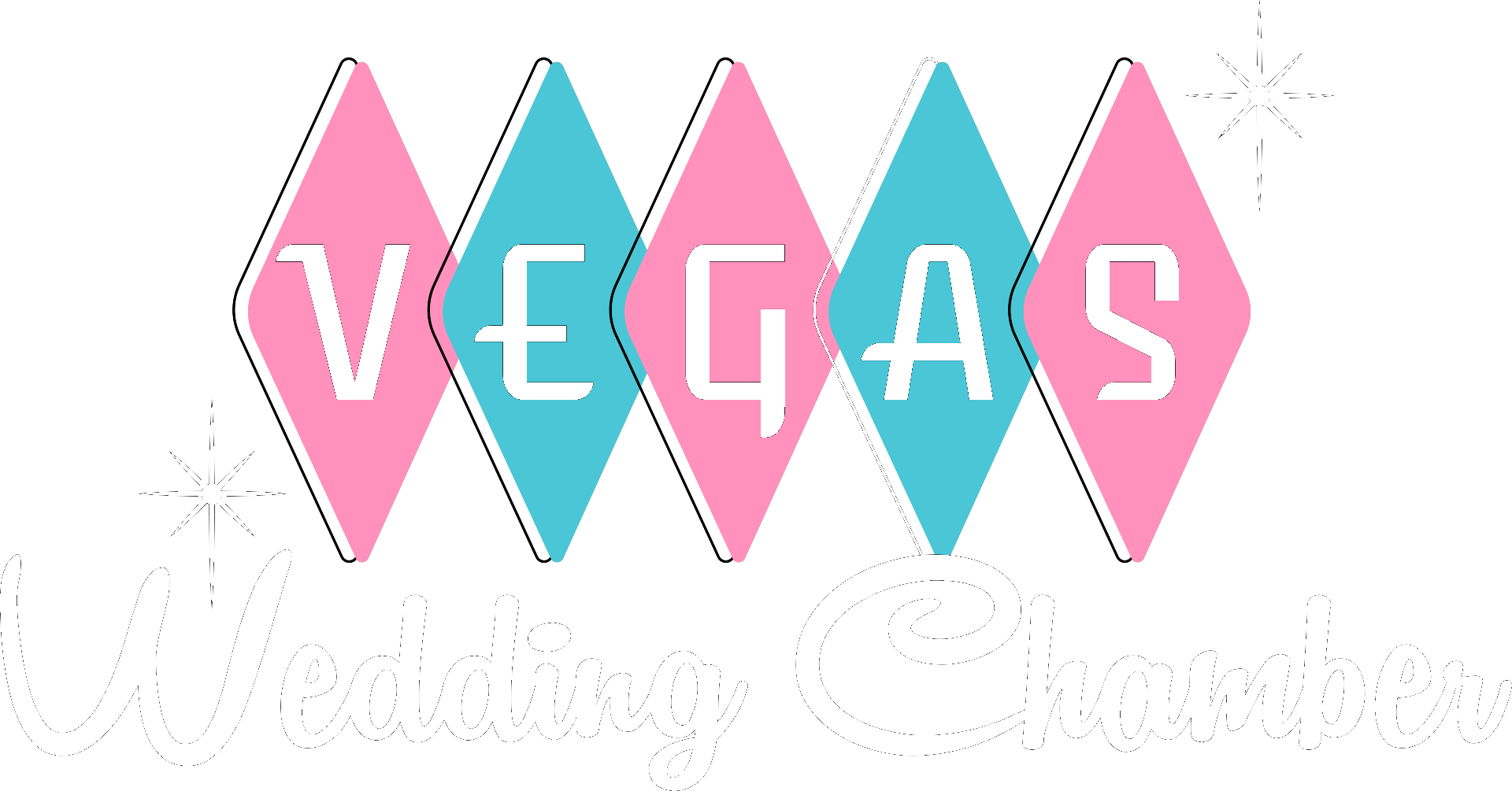 The word vegas is written in pink and blue diamonds on a white background.