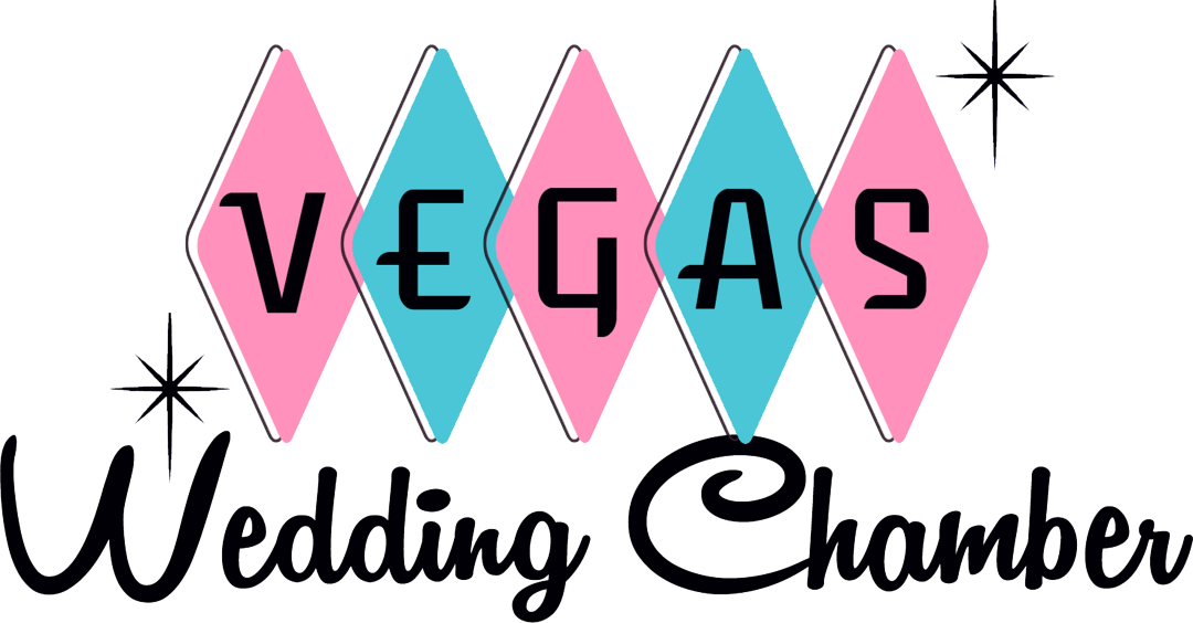 The logo for the vegas wedding chamber is pink and blue.