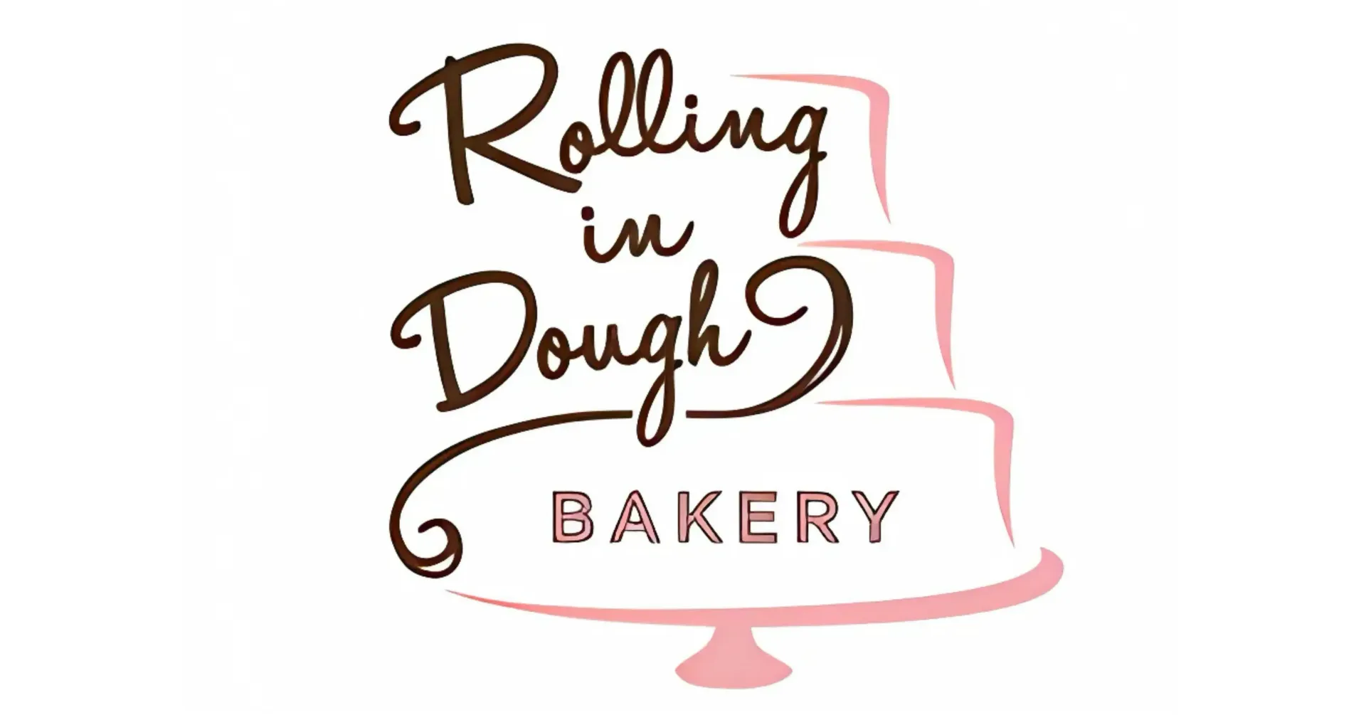 Rolling in Dough Bakery logo in brown and pink with a stylized cake stand