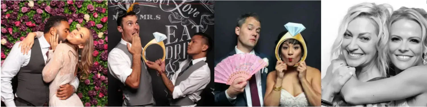 A collage of photos of a bride and groom posing for a picture in a photo booth.