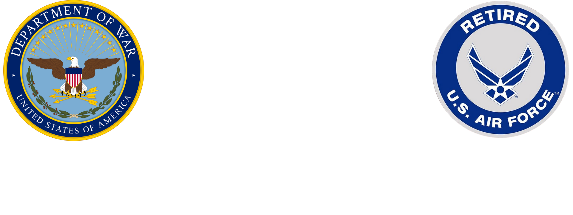 Logos of the Department of War and a retired U.S. Air Force emblem.