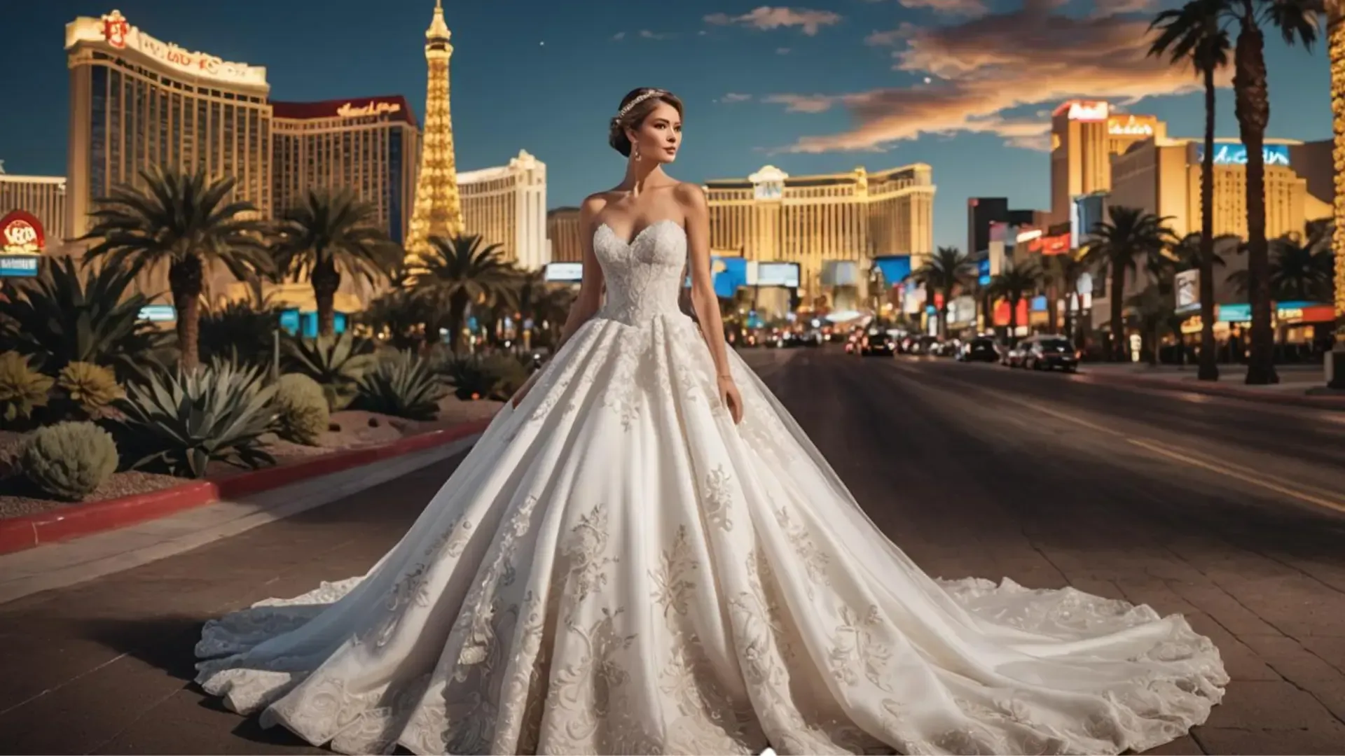 A woman in a wedding dress is standing on a street in front of a casino.