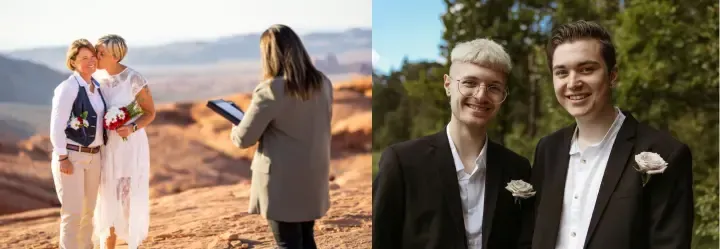 A woman is holding a tablet next to a man and a woman standing next to each other.