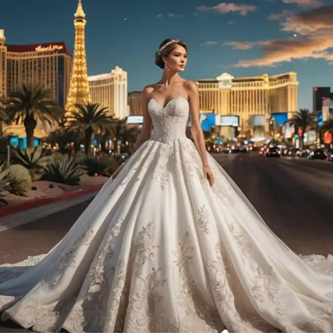 A woman in a wedding dress is standing on a street